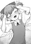  1girl :d alternate_hairstyle blush cirno eyebrows_visible_through_hair fang greyscale half-closed_eyes leaning_to_the_side looking_at_viewer monochrome neck_ribbon open_mouth ribbon shirt short_hair short_sleeves smile solo toriburi touhou twintails 