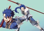  0nodera 1boy bandaged_leg bandages blue_hair cu_chulainn_(fate) cu_chulainn_(fate/prototype) fangs fate/prototype fate_(series) floating_hair full_body gae_bolg_(fate) gauntlets gloves grin holding holding_polearm holding_weapon jewelry long_hair male_focus multiple_views necklace open_mouth pants polearm ponytail red_eyes smile solo spiky_hair weapon 