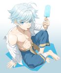  1boy abs absurdres antenna_hair bangs bare_shoulders barefoot blue_background blue_eyes blue_hair blue_pants chongyun_(genshin_impact) commentary_request eyebrows_visible_through_hair food from_above genshin_impact hair_between_eyes highres holding holding_food long_sleeves looking_at_viewer male_focus muscular_shota on_floor pants popsicle shirt short_hair solo tongue tongue_out unbuttoned unbuttoned_shirt white_shirt yamamiya_hiroshi 