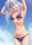  1girl bikini blindfold blue_bikini blue_sky blue_swimsuit breasts dark_souls_(series) dark_souls_iii feet_out_of_frame fire_keeper hand_in_own_hair highres lips long_hair mask miura-n315 navel open_mouth simple_background sky small_breasts smile solo standing swimsuit white_hair 