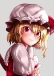  1girl absurdres blonde_hair blush closed_mouth flandre_scarlet frilled_shirt_collar frilled_sleeves frills from_side grey_background hat hat_ribbon highres looking_at_viewer looking_to_the_side maboroshi_mochi medium_hair mob_cap orange_eyes puffy_short_sleeves puffy_sleeves red_ribbon red_vest ribbon shiny shiny_hair shirt short_sleeves side_ponytail simple_background solo touhou upper_body vest white_headwear white_shirt wings 