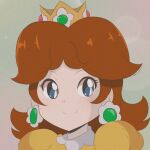  1980s_(style) 1girl artist_name bangs blue_eyes braid brooch brown_hair chocomiru closed_mouth crown_braid dress earrings gloves gloves_removed jewelry looking_at_viewer princess princess_daisy retro_artstyle short_hair smile solo sparkle_background super_mario_bros. tiara upper_body yellow_dress 