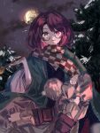  1girl baggy_pants boots brown_pants checkered_clothes checkered_scarf clouds commentary commentary_request dark_clouds eyebrows_visible_through_hair forest full_moon futatsuiwa_mamizou futatsuiwa_mamizou_(human) glasses green_kimono hand_on_own_knee highres holding holding_smoking_pipe japanese_clothes kimono looking_at_viewer medium_hair moon nature open_mouth outdoors pants pom_pom_(clothes) purple-framed_eyewear purple_footwear purple_hair scarf sitting smile smoking_pipe snowing solo sutaku77224 touhou tree wide_sleeves 