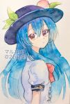  1girl 2zuz4hru artist_name blue_hair commentary_request dress food fruit hat hinanawi_tenshi leaf long_hair looking_to_the_side painting_(medium) peach puffy_short_sleeves puffy_sleeves red_eyes red_ribbon ribbon short_sleeves solo touhou traditional_media twitter_username watercolor_(medium) watermark white_background white_dress 