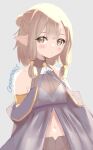  1girl bangs bare_shoulders blush brown_eyes brown_hair closed_mouth eyebrows_visible_through_hair grey_background hair_bun long_hair looking_at_viewer navel original pointy_ears simple_background skeptycally sleeveless solo twitter_username 
