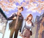  1boy 1girl :d artem_wing_(tears_of_themis) blue_jacket blue_shirt blue_sky branch brown_pants cherry_blossoms closed_mouth clouds cloudy_sky grey_hoodie grey_skirt grin highres hood hoodie hyang_bok jacket long_hair long_sleeves open_mouth outdoors pants petals rosa_(tears_of_themis) school shirt skirt sky smile tears_of_themis teeth 