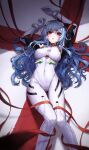  1girl :o ayanami_rei bangs blue_hair blush bodysuit breasts commentary_request evangelion:_3.0+1.0_thrice_upon_a_time eyebrows_visible_through_hair hair_between_eyes hair_ornament highres interface_headset kokukyukeo long_hair looking_at_viewer lying medium_breasts neon_genesis_evangelion plugsuit rebuild_of_evangelion red_eyes red_ribbon ribbon skin_tight solo very_long_hair white_bodysuit 