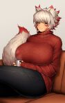  1girl animal_ears black_pants breasts colored_tips couch cup eyebrows_visible_through_hair facial_mark grey_eyes highres huge_breasts light_smile mug multicolored_hair on_couch original pants red_sweater redhead sitting sleeves_past_wrists solo steam sweater tail thick_eyebrows turtleneck turtleneck_sweater wolf_ears wolf_girl wolf_tail xyv_1 