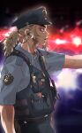  1boy backlighting blonde_hair blue_shirt blue_vest flashing_light from_side hat highres kimetsu_no_yaiba long_hair mismatched_eyebrows multicolored_hair open_mouth outstretched_arm pocket police police_badge police_hat police_uniform policeman ponytail profile rengoku_kyoujurou shirt short_sleeves sidelocks sikinen444 solo spiky_hair symbol-only_commentary teeth thick_eyebrows tsurime uniform upper_teeth vest vest_pouch whistle 