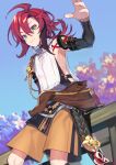  1boy aiguillette armor brown_hair fishnets genshin_impact green_eyes hakama hakama_shorts highres japanese_armor japanese_clothes kote kurokote long_hair looking_at_viewer low_ponytail mole mole_under_eye multicolored_hair negi_(ulog&#039;be) redhead shikanoin_heizou shorts sleeveless smile two-tone_hair 