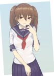  1girl alternate_costume bangs blue_sailor_collar blue_skirt blush brown_hair closed_mouth eyebrows_visible_through_hair hair_between_eyes highres kantai_collection long_hair looking_at_viewer neckerchief nito_(nshtntr) red_eyes red_neckerchief ryuujou_(kancolle) sailor_collar school_uniform serafuku short_sleeves simple_background skirt solo twintails 