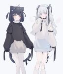 2girls ahoge animal_ears bangs black_bow black_choker black_hair black_shirt blush bow brown_eyes cat_ears cat_girl cat_tail choker commentary_request crossed_bandaids eyebrows_visible_through_hair feet_out_of_frame grey_background grey_eyes grey_hair hair_between_eyes hair_bow hand_up heart heart_ahoge highres long_hair long_sleeves loose_socks multiple_girls open_mouth original pantyhose puffy_long_sleeves puffy_sleeves shirt simple_background sleeves_past_fingers sleeves_past_wrists socks suzumori_uina tail tongue tongue_out two_side_up very_long_hair white_legwear white_shirt 