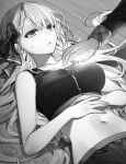  1girl bangs bow breasts character_request collarbone commentary_request crop_top eyebrows_visible_through_hair eyelashes glowing greyscale hair_bow long_hair lying medium_breasts midriff monochrome navel on_back on_floor open_mouth pants seiken_gakuin_no_maken_tsukai seiken_maken stomach sweatdrop tank_top upper_body very_long_hair wooden_floor zipper zipper_pull_tab 