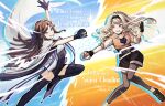  2girls arm_up bangs black_gloves black_hairband black_shorts blonde_hair blue_background boots bow bracelet brown_footwear brown_hair brown_legwear cape character_name clenched_teeth commentary_request commission cosplay cropped_jacket crossover drop_shadow duel energy eye_contact feather_trim female_protagonist_(pokemon_go) female_protagonist_(pokemon_go)_(cosplay) fingerless_gloves floating_cape floating_hair gloves grin hair_bow hair_ornament hairband half_updo hands_up highres holding holding_poke_ball jacket jewelry knees_together_feet_apart leg_up leggings light_particles long_hair looking_at_another multiple_girls orange_background orange_jacket outline outstretched_arm outstretched_arms parted_bangs parted_lips pearl_anklet pearl_bracelet poke_ball pokemon pokemon_(game) pokemon_go purple_bow purple_footwear purple_gloves red_eyes saijou_claudine shoes shorts shoujo_kageki_revue_starlight sidelocks skeb_commission sleeves_past_elbows smile standing standing_on_one_leg sweatdrop tareko teeth tendou_maya thank_you thigh-highs thigh_boots two-tone_background violet_eyes vs wavy_hair white_cape white_outline x_hair_ornament 