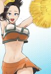  1girl alternate_eye_color armpits arms_up belly black_hair blue_background blue_eyes boku_no_hero_academia breasts cheerleader forehead groin highres jumping large_breasts laughing looking_at_viewer midriff miniskirt navel open_mouth pom_pom_(cheerleading) simple_background skirt sleeveless smile solo ss128256 sweat thighs tongue white_background yaoyorozu_momo 