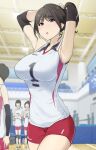  6+girls :o armpits arms_behind_head black_hair breasts commentary_request highres large_breasts looking_at_viewer multiple_girls original red_shorts shirt short_hair shorts solo_focus sweat thighs violet_eyes wakamatsu372 white_shirt 