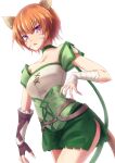  1girl animal_ears asymmetrical_gloves bandaged_arm bandages brown_gloves brown_hair cat_ears cat_girl cat_tail choker collarbone cowboy_shot facial_mark fingerless_gloves fire_emblem fire_emblem:_path_of_radiance gloves green_choker green_shorts highres lethe_(fire_emblem) looking_at_viewer minamonochaba open_mouth shiny shiny_hair short_hair short_shorts short_sleeves shorts side_slit simple_background solo standing tail violet_eyes white_background 
