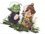  2boys age_regression antennae bald bangs black_eyes black_hair colored_skin commentary day dougi dragon_ball dragon_ball_(object) dragon_ball_z grass green_skin hat holding holding_hands male_focus monkey_tail multiple_boys open_mouth piccolo pointing pointy_ears saba6_0 short_hair simple_background son_gohan tail younger 
