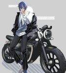  1boy absurdres blue_hair ground_vehicle hands_in_pockets highres jacket kaito_(vocaloid) male_focus motor_vehicle motorcycle shirt simple_background smile solo vocaloid white_shirt yu_shu 