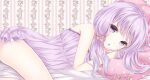  1girl bangs blush cevio chestnut_mouth dress eyebrows_visible_through_hair highres lace_trim lingerie long_hair looking_at_viewer lying nightgown on_bed on_side open_mouth parted_lips pillow ponytail purple_hair scrunchie scrunchie_removed solo strapless strapless_dress underwear violet_eyes vocaloid wallpaper_(object) yamagara yuzuki_yukari 