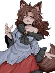  1girl animal_ear_fluff animal_ears bangs blush brooch brown_hair dress fang fe_(tetsu) fingernails highres imaizumi_kagerou jewelry long_fingernails long_hair looking_at_viewer off_shoulder open_mouth red_dress red_eyes red_nails simple_background skin_fang smile solo tail touhou two-tone_dress white_background white_dress wolf_ears wolf_tail 