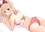  1girl ass atelier_(series) atelier_firis bangs bare_arms bikini blonde_hair blue_eyes blush bow closed_mouth eyebrows_visible_through_hair hair_bow highres ilmeria_von_leinweber long_hair looking_at_viewer lying minidraco on_stomach pink_bikini shiny shiny_hair shiny_skin shoulder_blades simple_background smile solo striped striped_bow swimsuit white_background 