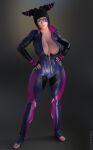  3d black_hair breasts coat eyepatch formal gloves han_juri hand_on_hip highres hot huge_breasts jacket lewdink looking_at_viewer non-web_source open_clothes open_coat open_jacket street_fighter suit toned uniform violet_eyes 