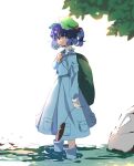  1girl backpack bag blue_eyes blue_footwear blue_hair blue_shirt blue_skirt boots eyebrows_visible_through_hair flat_cap green_headwear hair_between_eyes hair_bobbles hair_ornament hat ica kawashiro_nitori key long_sleeves parted_lips shirt short_hair skirt solo touhou twintails twitter_username 