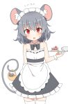  1girl absurdres alternate_costume animal_ears apron bangs bare_arms bare_shoulders basket black_dress black_skirt blush bow cowboy_shot dress enmaided eyebrows_visible_through_hair flying_sweatdrops food frills grey_hair highres holding holding_tray holding_with_tail looking_at_viewer maid maid_headdress mouse_ears mouse_tail nazrin nihohohi prehensile_tail red_eyes short_hair skirt sleeveless solo standing tail tail_bow tail_ornament thigh-highs touhou tray waist_apron white_apron white_background white_legwear zettai_ryouiki 