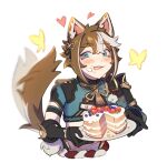  1boy animal_ears aqua_eyes asymmetrical_sleeves birthday_cake black_gloves blueberry blush brown_hair bug butterfly cake cream cream_on_face dog_boy dog_ears dog_tail food food_on_face fruit genshin_impact gloves gorou_(genshin_impact) hair_ornament highres holding holding_plate japanese_clothes licking_lips lilyglazed looking_at_viewer multicolored_hair plate red_eyeliner short_hair strawberry tail tongue tongue_out two-tone_hair white_hair 