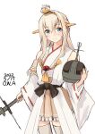  1girl artist_name blonde_hair blue_eyes blush braid breasts commentary_request cosplay costume_switch crown dated eyebrows_visible_through_hair french_braid hair_between_eyes highres holding holding_crown kantai_collection kongou_(kancolle) kongou_(kancolle)_(cosplay) long_hair looking_at_viewer mini_crown owa_(ishtail) pleated_skirt skirt sleeveless smile thigh-highs warspite_(kancolle) zettai_ryouiki 