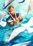  1boy ^_^ ^o^ bird closed_eyes floating hat highres male_focus monkey_d._luffy mulso ocean one_piece seagull shorts sitting sleeveless solo straw_hat treasure_chest water white_bird 