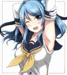  1girl arm_up armpits blue_eyes blue_hair blue_sailor_collar blush breasts collarbone double_bun elbow_gloves eyebrows_visible_through_hair gloves h2_(h20000000) hair_between_eyes hat highres kantai_collection large_breasts neckerchief one_eye_closed open_mouth outstretched_arm sailor_collar sailor_hat school_uniform serafuku sleeves_rolled_up smile solo upper_body urakaze_(kancolle) white_background white_gloves white_headwear yellow_neckerchief 