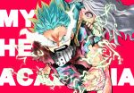  1boy 1girl background_text barefoot bodysuit boku_no_hero_academia child commentary_request copyright_name electricity eri_(boku_no_hero_academia) feet freckles green_bodysuit green_hair horns incoming_attack long_hair mask mask_removed midoriya_izuku oomura4000 open_mouth red_background single_horn spiky_hair teeth torn_clothes v-shaped_eyebrows veins veiny_hands white_hair 