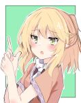  1girl black_shirt blonde_hair blush border brown_jacket commentary_request eyebrows_visible_through_hair face finger_gun green_background green_eyes highres jacket mizuhashi_parsee nono54558 one-hour_drawing_challenge open_mouth pointy_ears scarf shirt short_hair short_sleeves simple_background touhou upper_body white_border white_scarf 