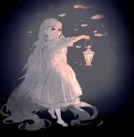  1girl absurdly_long_hair barefoot dress expressionless fish full_body gradient gradient_background holding holding_lantern lantern light limited_palette long_hair magenaiman3 original parted_lips sketch solo surreal very_long_hair 