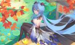  1girl absurdres ahoge autumn_leaves back backless_outfit bangs black_gloves black_legwear blue_hair bow breasts detached_sleeves from_behind ganyu_(genshin_impact) genshin_impact gloves gold_trim highres horns leaf lily_pad long_hair looking_at_viewer looking_back low_ponytail pond qianchenyu77 sidelocks sitting smile solo tassel thighlet violet_eyes waist_cape white_sleeves 