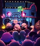  band bandana bandana_waddle_dee brown_eyes closed_eyes dark_background elfilin from_behind highres instrument king_dedede kirby kirby_(series) kirby_and_the_forgotten_land light movie_theater music musical_note night no_humans no_mouth one_eye_closed open_mouth sound_wave suyasuyabi waddle_dee 