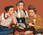  3boys ace_attorney alcohol ascot beer beer_can black_hair brown_hair can crying drunk facial_hair foam_mustache highres larry_butz male_focus miles_edgeworth multiple_boys necktie orange_background phoenix_wright renshu_usodayo smile snack 