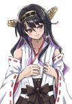  1girl black_eyes black_hair commentary_request cosplay detached_sleeves hairband headgear japanese_clothes kantai_collection kongou_(kancolle) kongou_(kancolle)_(cosplay) ld_(luna_dial398) long_hair multicolored_hair naganami_(kancolle) parted_lips pink_hair ribbon-trimmed_sleeves ribbon_trim simple_background smile solo upper_body white_background 