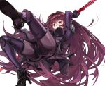  1girl absurdres armor armored_boots ass bodysuit boots breasts fate/grand_order fate_(series) gae_bolg_(fate) hair_intakes high_heels highres large_breasts leotard long_hair pauldrons polearm purple_hair purple_leotard red_eyes scathach_(fate) shoulder_armor simple_background solo spear very_long_hair weapon white_background zuihou_de_miao_pa_si 