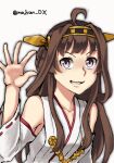  1girl ahoge brown_eyes brown_hair detached_sleeves double_bun hairband headgear kantai_collection kongou_(kancolle) long_hair looking_at_viewer makun_dx one-hour_drawing_challenge ribbon-trimmed_sleeves ribbon_trim simple_background solo twitter_username waving white_background 