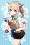  1girl :o absurdres animal_ears avatar_(ff14) bag blonde_hair blue_eyes bow breasts cat_ears cat_girl cat_tail commission cookie final_fantasy final_fantasy_xiv fingerless_gloves floral_background food gloves groceries grocery_bag hair_bow hazakura_chikori highres large_breasts light_blue_background medium_hair miniskirt miqo&#039;te paper_bag plant pleated_skirt ponytail pouch shirt shopping_bag short_sleeves simple_background skeb_commission skirt tail tomato white_shirt 