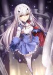  1girl bangs blue_dress breasts brown_eyes cape dress fairy_knight_lancelot_(fate) fairy_knight_lancelot_(second_ascension)_(fate) fate/grand_order fate_(series) forked_eyebrows frills gabiran long_hair long_sleeves looking_at_viewer sidelocks small_breasts smile solo thigh-highs white_hair white_legwear 