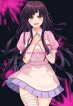  1girl :d absurdres apron bandaged_arm bandaged_leg bandages bangs black_background blush brown_eyes commentary_request danganronpa_(series) danganronpa_2:_goodbye_despair grey_apron hands_up highres kiro_(ymeh2777) long_hair mole mole_under_eye open_mouth own_hands_together pink_background pink_shirt pink_skirt pleated_skirt puffy_short_sleeves puffy_sleeves purple_hair shiny shiny_hair shirt short_sleeves skirt smile solo tsumiki_mikan 