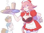  1boy 1girl alternate_costume animal_ears apron bow breasts brown_hair coffee_cup cup disposable_cup dress fox_ears fox_tail genshin_impact gorou_(genshin_impact) hair_bow highres holding holding_plate kitsune large_breasts lilyglazed long_hair looking_at_viewer multicolored_hair parfait pink_hair plate puffy_short_sleeves puffy_sleeves red_dress red_headwear short_hair short_sleeves smile tail tray two-tone_hair violet_eyes waist_apron waitress white_background white_hair white_legwear yae_miko 