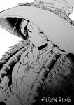  1girl absurdres amano_don bangs breasts cloak copyright_name cracked_skin doll_joints dress elden_ring extra_arms extra_faces fur_cloak greyscale hat highres joints large_hat long_hair looking_at_viewer monochrome one_eye_closed ranni_the_witch small_breasts solo witch witch_hat 
