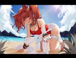  1girl absurdres all_fours angelina_(arknights) angelina_(summer_flowers)_(arknights) animal_ears arknights beach black_collar blue_sky breasts brown_hair clouds cloudy_sky collar eyebrows_visible_through_hair fizzbin fox_ears fox_girl hair_between_eyes hairband highres infection_monitor_(arknights) looking_at_viewer medicine_bottle medium_breasts mountain official_alternate_costume open_mouth red_eyes red_swimsuit sky smile swimsuit swimsuit_cover-up twintails two-tone_hairband water 