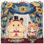  1girl animal animal_ears blue_eyes bow conago curtains dinner eating english_text floral_print flower hair_bow hamster hamster_ears open_mouth orange_hair original personification plate short_hair striped striped_bow sunflower table window yellow_flower 