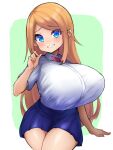  1girl blonde_hair blue_eyes blue_skirt breasts collared_shirt eyebrows_visible_through_hair female hips huge_breasts large_breasts long_hair looking_at_viewer miniskirt oppai_loli original shirt simple_background skirt smile solo thick_thighs thighs watari1118 white_shirt wide_hips 